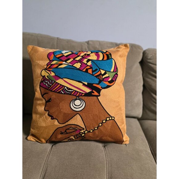 Handmade Embroidered Pillow Cover – African Woman in Colorful Headwrap, Boho Afr - Picture 1 of 7